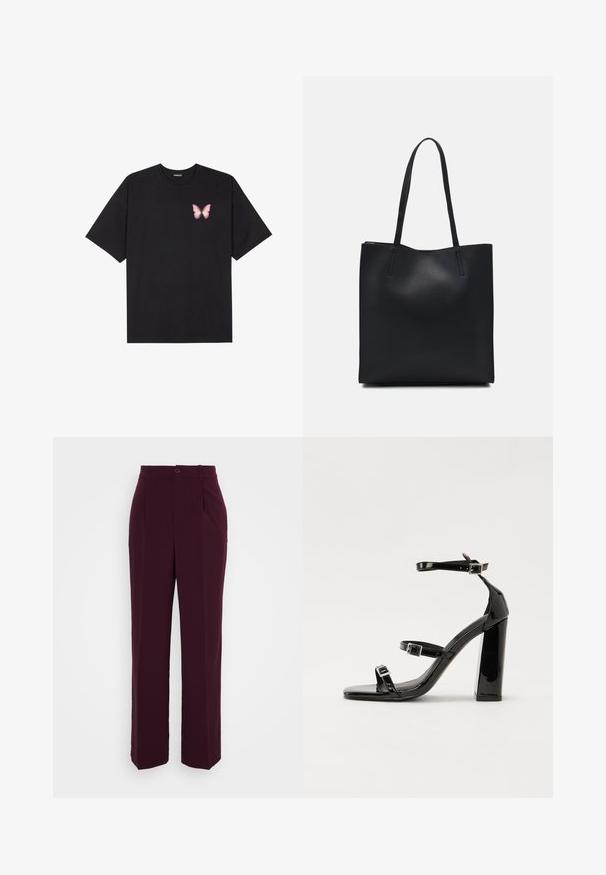 Black cotton t-shirt with short sleeves, featuring a small pink butterfly graphic on the left chest. Crew neck design with a relaxed fit.; Burgundy tailored trousers in a straight-leg style, featuring a button closure and pleats, made from a smooth fabric with a matte finish.; Black patent heeled sandals with a square toe, ankle straps, and silver buckles. Features a chunky block heel for stability.; Black leather tote bag with smooth texture, rectangular shape, and two long handles. No visible hardware or embellishments.
