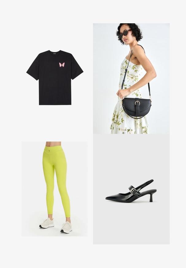 Črna bombažna majica s kratkimi rokavi, ki ima majhen roza metuljček na levi strani prsnega dela. Majica s krožnim ovratnikom in sproščenim krojem.; Neonske rumene legice z visokim pasom, gladko teksturo in ukrivljenimi šivi; imajo majhen logotip na pasu. Usklajene z belimi športnimi copati.; Črne patent usnjene slingback pete s koničastim nosom in majhnim blok peto, ki vključujejo srebrno zaponko na traku.; Črna usnjena torbica s ukrivljeno obliko, z odstranljivo naramnico in zlatimi dodatki. Torbica ima pokrov s podrobnostmi v obliki zaponke.