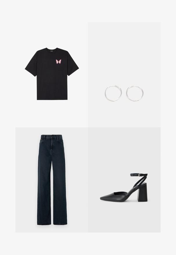 Crna pamučna majica s kratkim rukavima, s malim grafičkim prikazom ružičaste vjetricaste s desne strane na prsima. Dizajn s okruglim izrezom i opuštenim krojem.; Tamno plave široke traperice od denima, s visokim strukom, petljama za remen i prednjim džepovima. Tkanina ima glatku teksturu.; Crne kožne cipele s špicastim vrhom, remenom oko gležnja i debelim potplatom. Ravna tekstura, elegantan dizajn i minimalistička estetika.; Srebrne okrugle naušnice jednostavnog dizajna, s glatkom površinom i bez vidljivih ukrasa. Promjer nije specificiran.