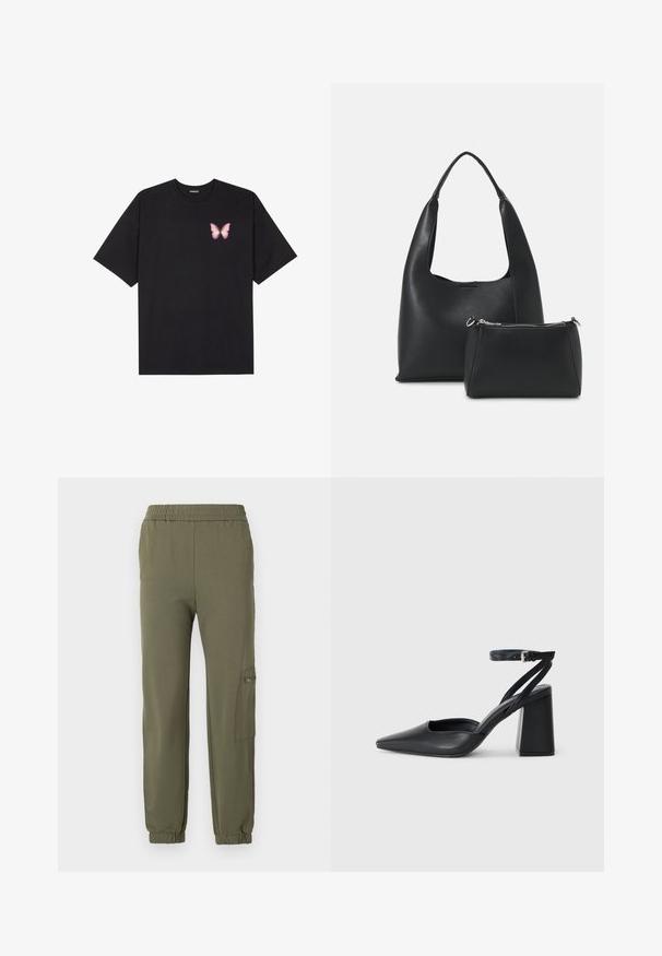 Crna pamučna majica s kratkim rukavima, s malim grafičkim prikazom ružičaste vjetricaste s desne strane na prsima. Dizajn s okruglim izrezom i opuštenim krojem.; Maslinasto zelene trenirke s elastičnim pojasom, suženim manžetama i bočnom cargo džepom s detaljem na zatvaraču. Mekan, rastezljiv materijal.; Crne kožne cipele s špicastim vrhom, remenom oko gležnja i debelim potplatom. Ravna tekstura, elegantan dizajn i minimalistička estetika.; Even&Odd Ručna torba - black