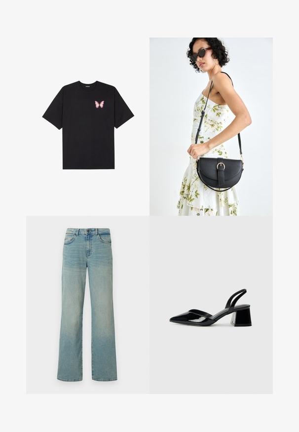 T-shirt de algodão preto com mangas curtas, apresentando um pequeno gráfico de borboleta rosa no lado esquerdo do peito. Design de gola redonda com um corte solto.; Calças de ganga azul claras com cintura alta, pernas largas e design clássico de cinco bolsos. Apresenta um desbotamento subtil e fecho de botão.; Sandy em verniz preto com salto slingback, ponta afilada e salto geométrico. Apresenta um design elegante e minimalista com textura suave.; Bolsa de couro preta com forma curva, alça destacável e detalhes em dourado. A bolsa possui uma aba com detalhe de fivela.