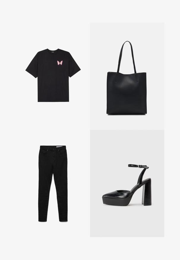 Czarny bawełniany t-shirt z krótkim rękawem, z małym różowym motylkiem na lewej piersi. Klasyczny dekolt z luźnym fasonem.; Czarne dżinsy z denimu o dopasowanym kroju, z talią średniego wzrostu, pięcioma kieszeniami, metalowym zapięciem na guzik oraz subtelnymi detalami przeszyć.; Czarne platformy na wysokim obcasie z szpiczastym noskiem i regulowanym paskiem na kostkę. Wykonane z gładkiej skóry, z grubym słupkowym obcasem.; Czarna skórzana torba tote o gładkiej fakturze, prostokątnym kształcie i dwóch długich uchwytach. Brak widocznych elementów metalowych i ozdób.