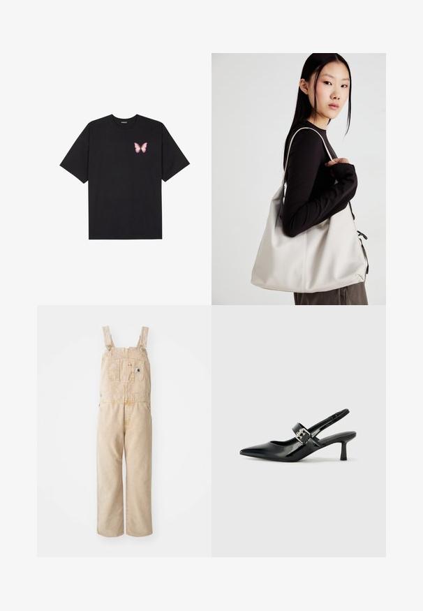 Čierne bavlnené tričko s krátkymi rukávmi, s malým ružovým motýlikom na ľavej hrudi. Design s okrúhlym výstrihom a uvoľneným strihom.; Bežové kombinézy vyrobené z pevnej látky, s nastaviteľnými popruhmi, prednou vreckom a širokými nohavicami s mierne vyblednutou textúrou.; Čierne patentové kožené sandále na podpätku so špicatou špičkou a malým blokovým podpätkom, s dekoratívnou striebornou sponou na remienku.; Béžová kabelka vyrobená z mäkkého materiálu, s uvoľneným dizajnom, prišitými detailmi a dvoma popruhmi na nosenie na pleciach. Vhodná na každodenné nosenie.