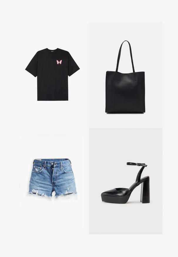 Black cotton t-shirt with short sleeves, featuring a small pink butterfly graphic on the left chest. Crew neck design with a relaxed fit.; Light blue denim shorts with frayed hems, a high waist, button closure, and two front pockets; distressed detailing adds texture.; Black platform heels with a pointed toe and adjustable ankle strap. Constructed from smooth leather, featuring a chunky block heel.; Black leather tote bag with smooth texture, rectangular shape, and two long handles. No visible hardware or embellishments.