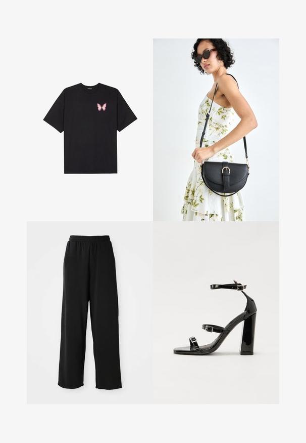 Schwarzes Baumwoll-T-Shirt mit kurzen Ärmeln, das ein kleines pinkes Schmetterlingsmotiv auf der linken Brust zeigt. Crewneck-Design mit einem entspannten Schnitt.; Schwarze weit geschnittene Hosen aus weichem Stoff, mit elastischem Bund und ohne sichtbare Taschen. Glatte Textur mit lässigem Fit.; Schwarze patentierte Sandalen mit Absatz, quadratischer Spitze, Knöchelriemen und silbernen Schnallen. Mit einem stabilen Blockabsatz für mehr Stabilität.; Schwarze Lederhandtasche mit geschwungener Form, abnehmbarem Tragegurt und goldenen Beschlägen. Die Tasche verfügt über einen Deckel mit einer Schnallen-Details.
