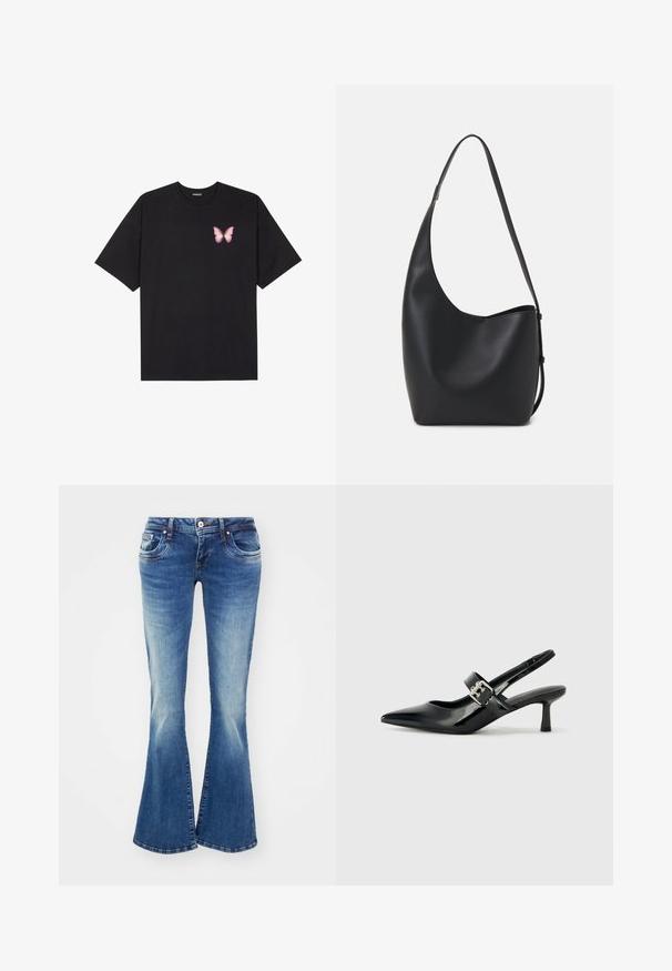 Black cotton t-shirt with short sleeves, featuring a small pink butterfly graphic on the left chest. Crew neck design with a relaxed fit.; Blue denim flared jeans featuring a mid-rise waist, two front pockets, and light fading for a textured appearance.; Black patent leather slingback heels with a pointed toe and a small block heel, featuring a silver buckle accent on the strap.; Black leather hobo bag with a smooth texture, curved shape, and single adjustable strap; features a wide opening at the top.