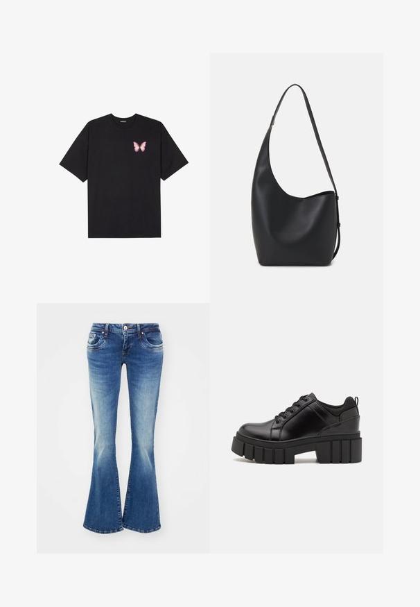Czarny bawełniany t-shirt z krótkim rękawem, z małym różowym motylkiem na lewej piersi. Klasyczny dekolt z luźnym fasonem.; Niebieskie dżinsy dzwony z średnim stanem, dwoma przednimi kieszeniami i lekkim wyblaknięciem nadającym teksturowany wygląd.; Czarne skórzane buty na platformie z masywnym słupkowym obcasem, okrągłym noskiem i klasycznym sznurowaniem. Posiadają gładką teksturę i minimalne wykończenia.; Czarna skórzana torba hobo o gładkiej fakturze, zaokrąglonym kształcie i pojedynczym, regulowanym pasku; posiada szerokie otwarcie na górze.