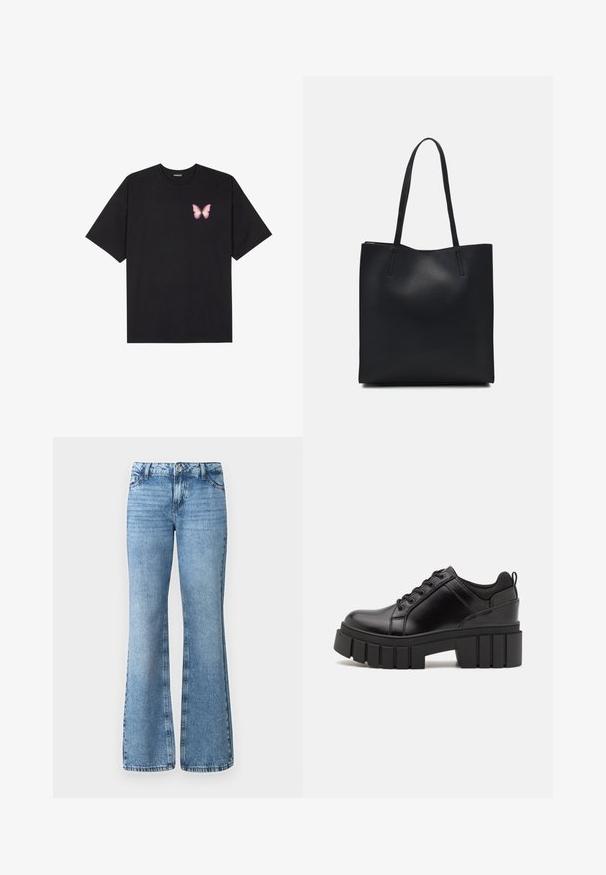 T-shirt de algodão preto com mangas curtas, apresentando um pequeno gráfico de borboleta rosa no lado esquerdo do peito. Design de gola redonda com um corte solto.; Jeans de ganga azul claro, de corte flare, com fecho frontal por botão, cinco bolsos e um ligeiro desbotamento ao longo do tecido.; Sapatos de plataforma em couro preto com um salto bloco robusto, bico redondo e design clássico de atacadores. Apresentam uma textura suave e detalhes mínimos.; Bolsa tote preta em couro com textura lisa, forma retangular e duas alças longas. Sem hardware ou enfeites visíveis.