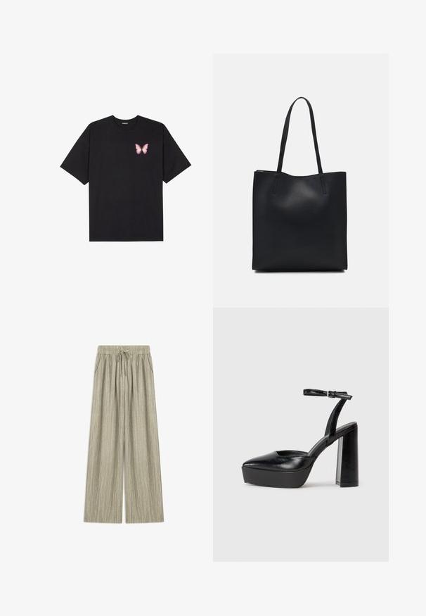 Black cotton t-shirt with short sleeves, featuring a small pink butterfly graphic on the left chest. Crew neck design with a relaxed fit.; Light gray wide-leg pants with an elastic waistband, drawstring, and side pockets. Textured fabric features subtle vertical stripes.; Black platform heels with a pointed toe and adjustable ankle strap. Constructed from smooth leather, featuring a chunky block heel.; Black leather tote bag with smooth texture, rectangular shape, and two long handles. No visible hardware or embellishments.