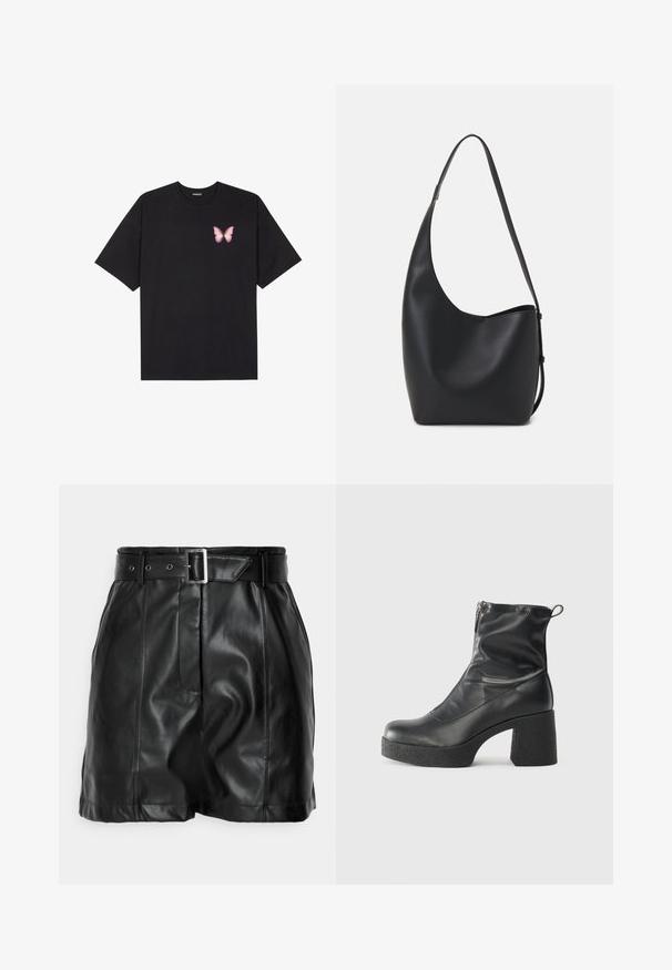 Černé bavlněné tričko s krátkým rukávem, na levém prsou s malou grafikou růžové motýlky. Design s kruhovým výstřihem a volným střihem.; Černé kožené šortky s hladkým povrchem, vysokým pasem a širokým pásem se čtvercovou stříbrnou sponou. Přední část se sklady.; Černé kotníkové boty vyrobené z hladké kůže, s bočním zipem, robustním strukturovaným podpatkem a kulatou špičkou.; Černá kožená hobo taška s hladkým povrchem, zakřiveným tvarem a jedním nastavitelným popruhem; má široké otevírání nahoře.