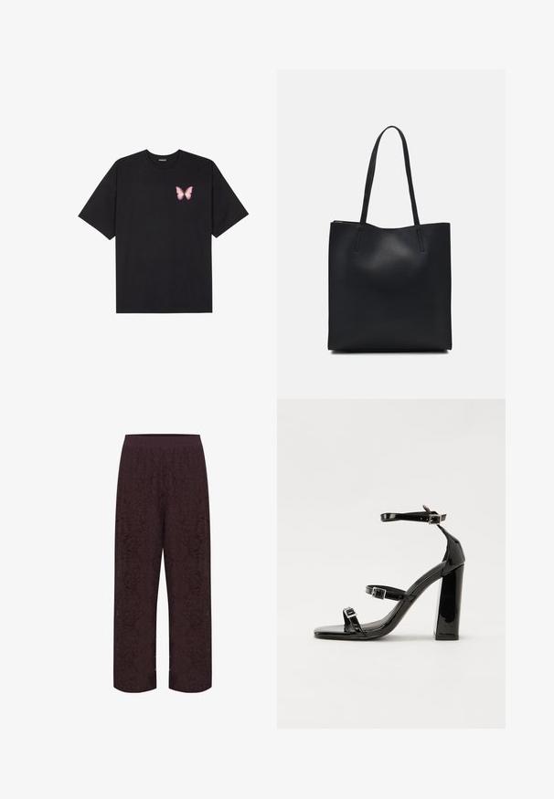 T-shirt en coton noir à manches courtes, avec un petit graphique de papillon rose sur la poitrine gauche. Modèle à col rond avec une coupe décontractée.; Kaffe KANOMI - Pantalon classique - fudge; Sandales à talons vernies noires avec un bout carré, des sangles autour de la cheville et des boucles en argent. Dotées d'un talon bloc épais pour plus de stabilité.; Sac fourre-tout en cuir noir avec une texture lisse, de forme rectangulaire et deux longues poignées. Pas de matériel ou d'ornementations visibles.