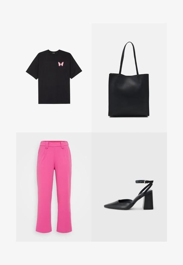 T-shirt de algodão preto com mangas curtas, apresentando um pequeno gráfico de borboleta rosa no lado esquerdo do peito. Design de gola redonda com um corte solto.; Calças cropped rosas feitas de um tecido suave, com uma cintura cingida, pregas frontais e um design de perna ligeiramente evasée.; Sandal com biqueira afilada em couro preto, com cinta no tornozelo e salto grosso. Textura lisa, design elegante e estética minimalista.; Bolsa tote preta em couro com textura lisa, forma retangular e duas alças longas. Sem hardware ou enfeites visíveis.