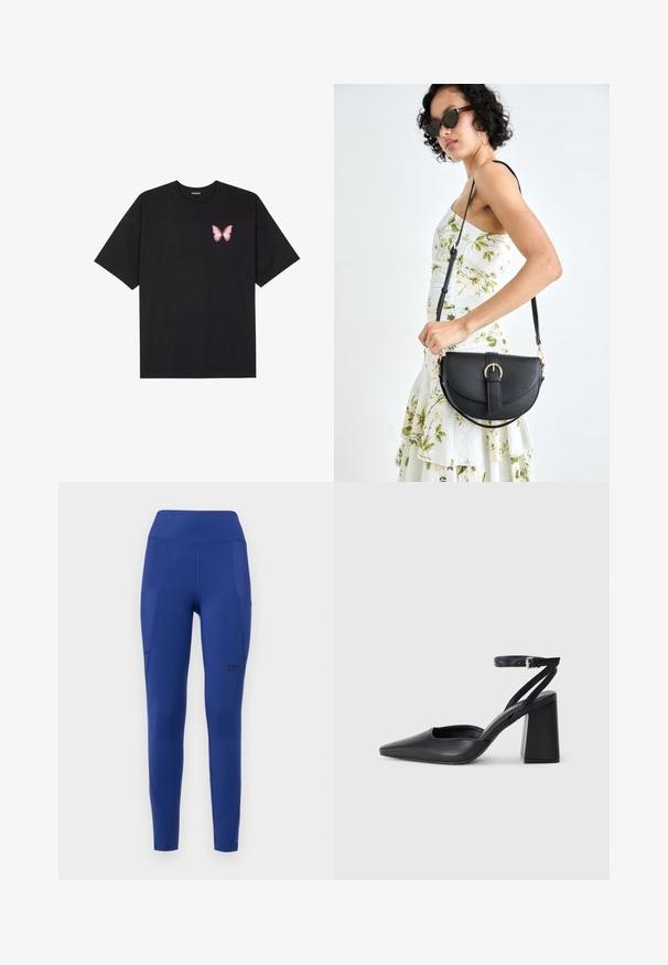 Černé bavlněné tričko s krátkým rukávem, na levém prsou s malou grafikou růžové motýlky. Design s kruhovým výstřihem a volným střihem.; Námořnické modré legíny na cvičení s vysokým pasem, bočními kapsami a diskrétním logem. Vyrobené z pružné, hladké látky s přiléhavým střihem.; Černé kožené lodičky se špičatou špičkou, kotníkovým páskem a silným podpatkem. Hladká textura, elegantní design a minimalistická estetika.; Černá kožená kabelka s křivkovým tvarem, odnímatelným popruhem a zlatými detaily. Kabelka má klopu s přezkou.