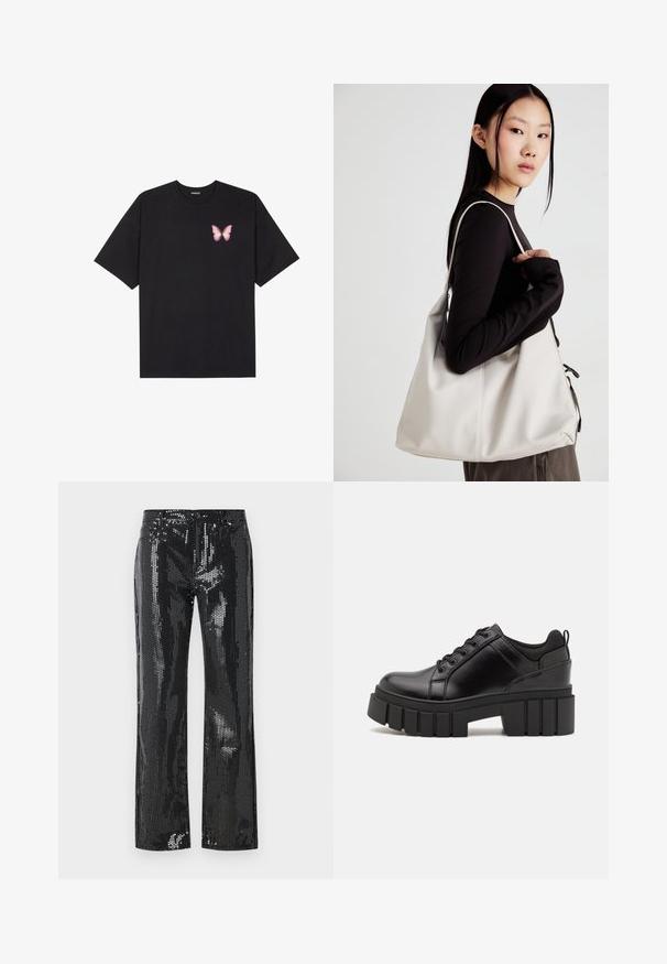 Černé bavlněné tričko s krátkým rukávem, na levém prsou s malou grafikou růžové motýlky. Design s kruhovým výstřihem a volným střihem.; Černé flitrové kalhoty s přiléhavým střihem a rozšířenými nohavicemi. Látka má lesklou texturu se vzorem malých, odrazivých disků.; Černé kožené platformové boty s masivním blokovým podpatkem, kulatou špičkou a tradičním šněrováním. Mají hladký povrch a minimální detaily.; Beige kabelka vyrobená z měkkého materiálu, s volným designem, prošívanými detaily a dvěma ramenními popruhy. Vhodná pro každodenní použití.