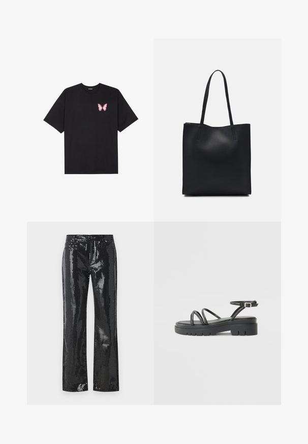 Fekete pamut póló rövid ujjakkal, bal mellkason egy kis rózsaszín pillangó grafikával. Kerek nyakú kialakítás, laza fazonnal.; Fekete flitteres nadrág, amely testhez simuló fazonnal és harang alakú szárral rendelkezik. Az anyag fényes textúrájú, kicsi, fényvisszaverő tányérokkal díszítve.; Fekete pántos szandál tömbszerű talppal, vékony pántokkal és csatos bokapánttal. Simább textúrával és strapabíró talp kialakítással rendelkezik.; Fekete bőrtáska sima felszínnel, téglalap alakú, két hosszú füllel. Nincs látható fémkiegészítő vagy díszítés.