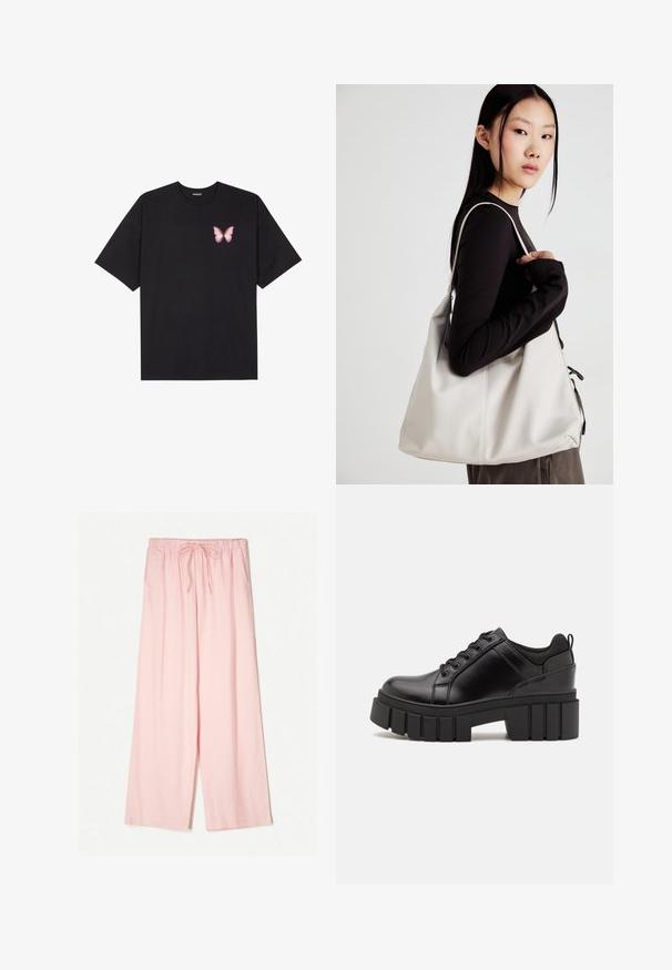 Svart bomullströja med korta ärmar, med en liten rosa fjärilsgrafik på vänster bröst. Rundad halsdesign med en avslappnad passform.; Ljusrosa, vida byxor med elastisk midja och justerbar dragsko. Tillverkade av ett slätt tyg med en avslappnad passform.; Svarta läderplattformsskor med en kraftig blockklack, rund tå och traditionell snörningsdesign. Har en slät textur och minimal detaljering.; Beige handväska tillverkad av mjukt material, med en avslappnad design, sydda detaljer och två axelremmar. Lämplig för dagligt bruk.