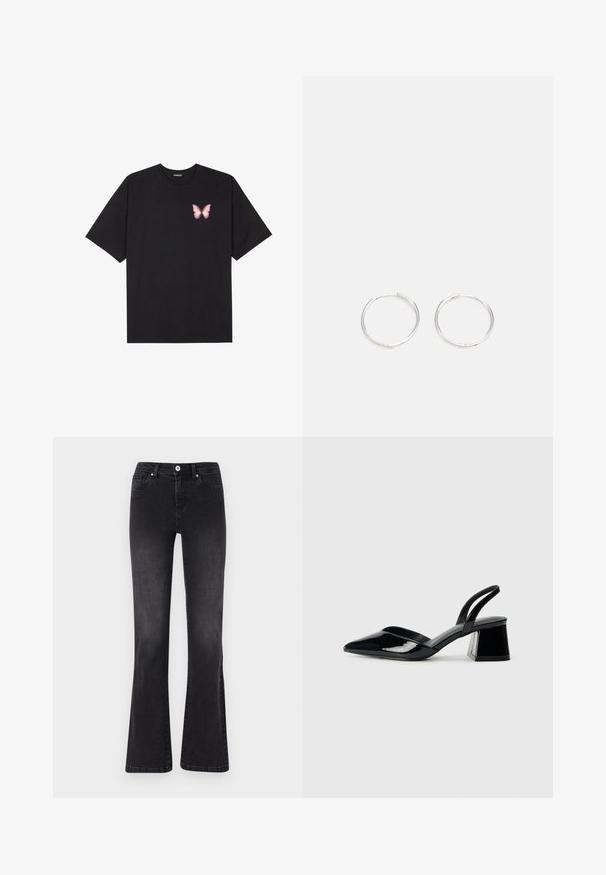 T-shirt en coton noir à manches courtes, avec un petit graphique de papillon rose sur la poitrine gauche. Modèle à col rond avec une coupe décontractée.; Jeans évasés noirs en denim, dotés d'une fermeture à bouton, de cinq poches et d'un léger délavage. Détails cousus le long des coutures.; Escarpins en cuir verni noir avec bout pointu et talon bloc géométrique. Présente un design élégant et minimaliste ainsi qu'une texture lisse.; Boucles d'oreilles en argent avec un design rond et épuré, présentant une surface lisse et sans embellissements visibles. Diamètre non spécifié.