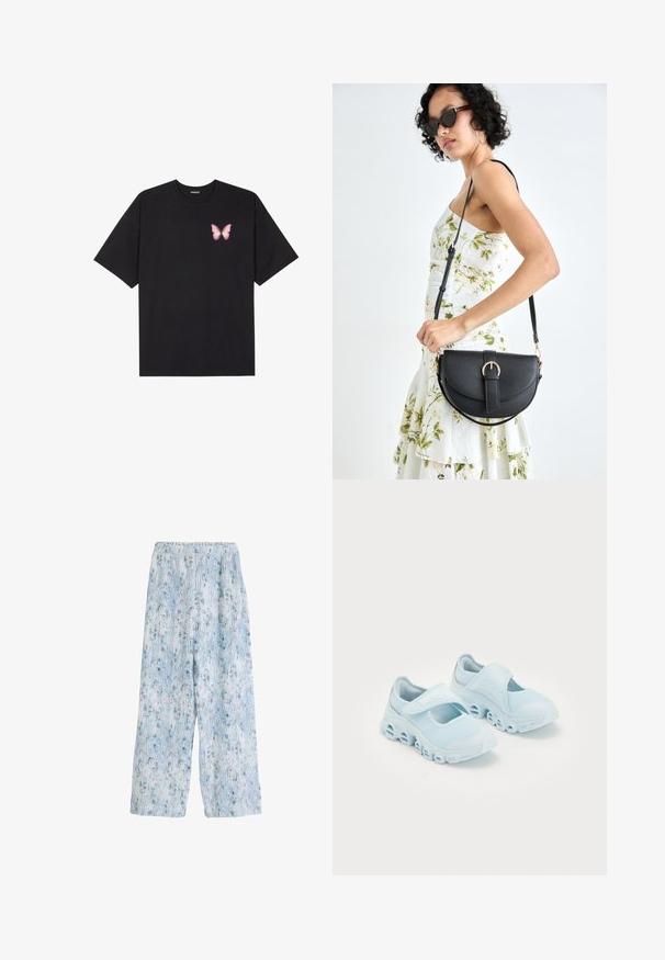 Tricou negru din bumbac cu mâneci scurte, având pe partea stângă a pieptului un mic grafic cu un fluture roz. Design cu guler rotund și croială lejeră.; Pantaloni largi cu un model albastru deschis, cu un brâu elastic, având un design floral și linii verticale, confecționați dintr-un material moale.; Adidași bleu deschis cu țesătură din plasă, decupaje proeminente în talpă și o curea cu arici pe partea de sus pentru o potrivire sigură.; Geantă din piele neagră, cu o formă curbată, curea detașabilă și accesorii aurii. Geanta are un capac cu un detaliu tip cataramă.