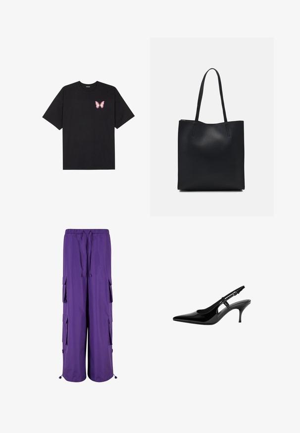 Schwarzes Baumwoll-T-Shirt mit kurzen Ärmeln, das ein kleines pinkes Schmetterlingsmotiv auf der linken Brust zeigt. Crewneck-Design mit einem entspannten Schnitt.; Lila Cargo-Hosen mit elastischem Bund, ausgestattet mit zwei Seitentaschen und zwei Cargo-Taschen. Hergestellt aus leichtem Stoff mit glatter Textur.; Schwarze Lackleder-Slingback-Pumpe mit spitzem Zehenbereich, offenen seitlichen Ausschnitten, schlanker Absatz und verstellbarem Knöchelriemen.; Schwarze Laptoptasche aus Leder mit glatter Textur, rechteckiger Form und zwei langen Griffen. Keine sichtbaren Beschläge oder Verzierungen.