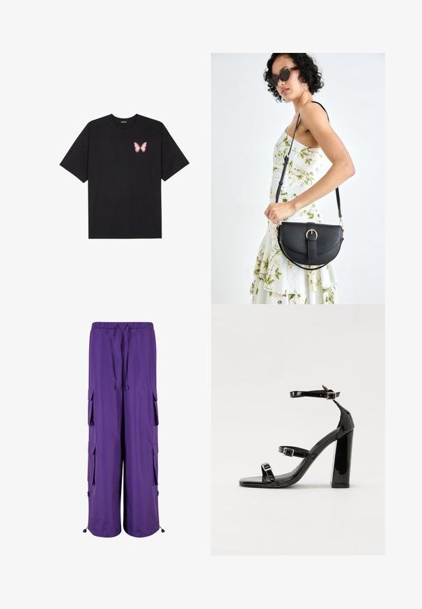Svart bomullströja med korta ärmar, med en liten rosa fjärilsgrafik på vänster bröst. Rundad halsdesign med en avslappnad passform.; Lila cargobyxor med elastisk midja, som har två sidofickor och två cargofickor. Tillverkade av lätt tyg med en jämn textur.; Svarta lackerade högklackade sandaler med två spännband, fyrkantig tå och en tjock klack, med en slät och glansig yta.; Svart läderhandväska med en böjd form, avtagbar rem och guldiga detaljer. Väskan har ett lock med en spänndetalj.