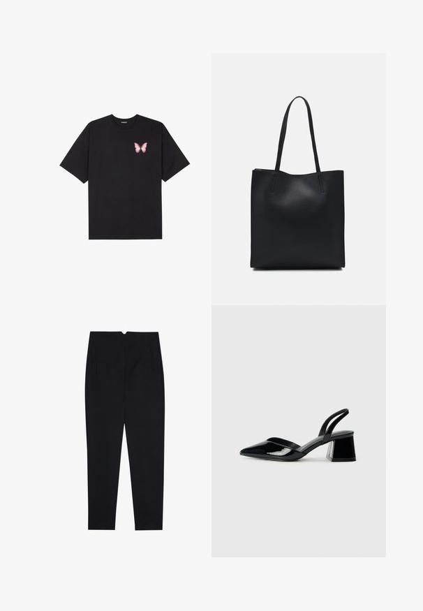Zwarte katoenen t-shirt met korte mouwen, voorzien van een kleine roze vlinder graphic op de linkerkant van de borst. Crew neck ontwerp met een relaxte fit.; Zwarte broek gemaakt van een gestructureerde stof, met een vlakke voorkant, zijzakken en een recht model met een middelhoog taille.; Zwarte gepatineerde leren slingback hakken met een spitse neus en een geometrische blokhak. Kenmerkt zich door een slank, minimalistisch ontwerp en een gladde textuur.; Zwarte leren handtas met een gladde textuur, rechthoekige vorm en twee lange handvaten. Geen zichtbare hardware of versieringen.