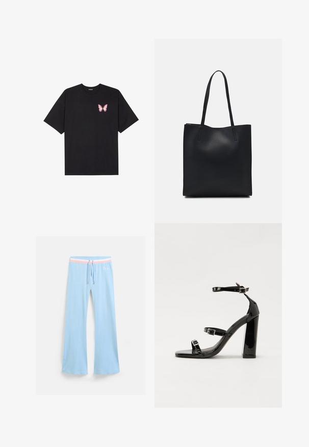 T-shirt de algodão preto com mangas curtas, apresentando um pequeno gráfico de borboleta rosa no lado esquerdo do peito. Design de gola redonda com um corte solto.; Calças de moletom azul claro com corte largo e cintura com cordão. Apresenta um destaque em riscas rosa e branca e um logótipo bordado. Tecido suave.; Sandálias pretas de verniz com salto alto, duas fivelas, biqueira quadrada e salto largo, apresentando uma textura lisa e brilhante.; Bolsa tote preta em couro com textura lisa, forma retangular e duas alças longas. Sem hardware ou enfeites visíveis.