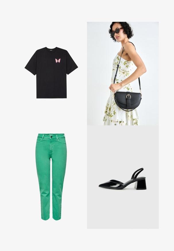 Black cotton t-shirt with short sleeves, featuring a small pink butterfly graphic on the left chest. Crew neck design with a relaxed fit.; Green denim jeans with a straight fit, featuring a button closure, five-pocket design, and subtle whiskering near the pockets.; Black patent leather slingback heels with a pointed toe and a geometric block heel. Features a sleek, minimal design and smooth texture.; Black leather handbag with a curved shape, detachable strap, and gold hardware. The bag features a flap with a buckle detail.