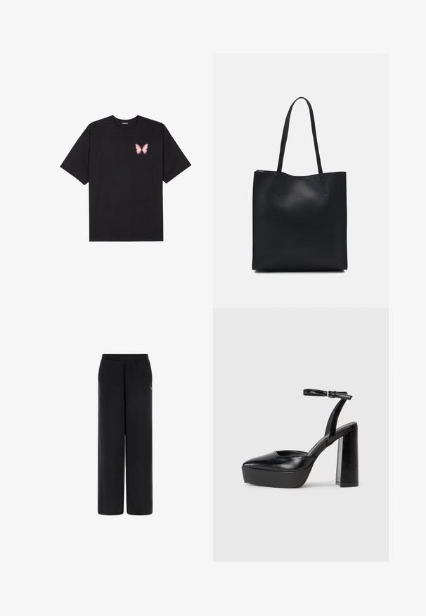 Czarny bawełniany t-shirt z krótkim rękawem, z małym różowym motylkiem na lewej piersi. Klasyczny dekolt z luźnym fasonem.; Czarne spodnie szerokie wykonane z miękkiego materiału z elastycznym pasem w talii. Posiadają mały akcent logo po lewej stronie. Gładka tekstura i dopasowany krój.; Czarne platformy na wysokim obcasie z szpiczastym noskiem i regulowanym paskiem na kostkę. Wykonane z gładkiej skóry, z grubym słupkowym obcasem.; Czarna skórzana torba tote o gładkiej fakturze, prostokątnym kształcie i dwóch długich uchwytach. Brak widocznych elementów metalowych i ozdób.