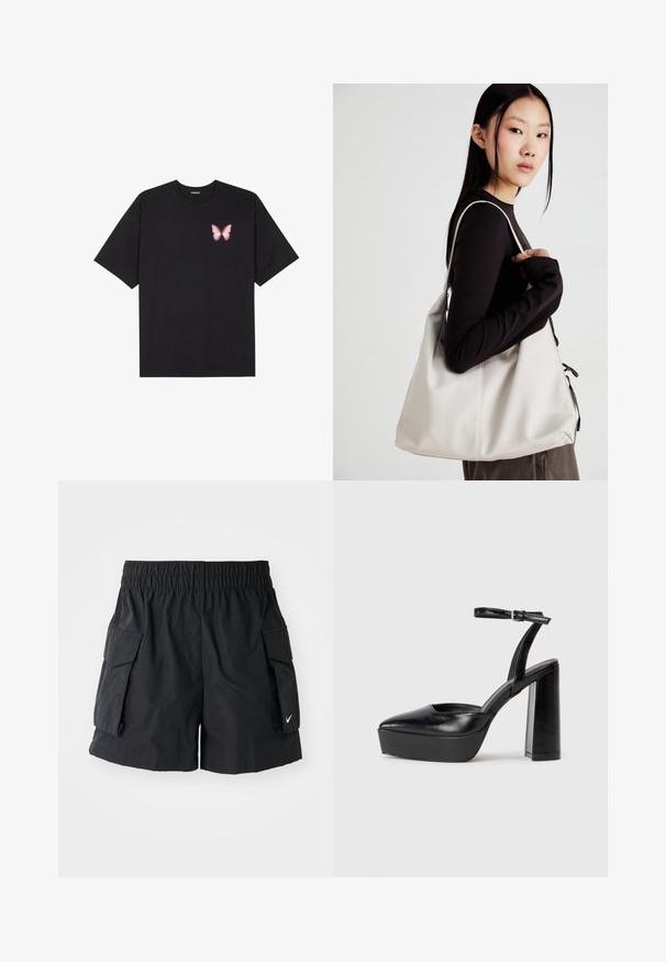 T-shirt de algodão preto com mangas curtas, apresentando um pequeno gráfico de borboleta rosa no lado esquerdo do peito. Design de gola redonda com um corte solto.; Calções cargo pretos feitos de um tecido leve, com uma cintura elástica, dois bolsos laterais e um pequeno logo branco na bainha.; Saltos altos pretos com bico fino e atilho ajustável no tornozelo. Confeccionados em couro suave, apresentam um salto bloco robusto.; Uma bolsa bege feita de material macio, com um design descontraído, detalhes de costura e duas alças para o ombro. Adequada para uso diário.