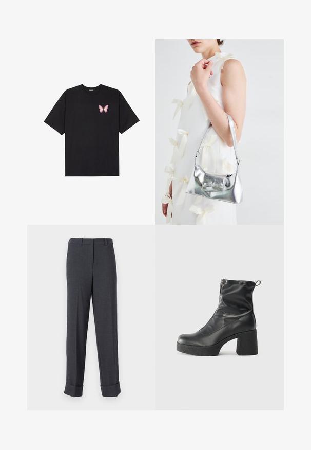 Svart bomullströja med korta ärmar, med en liten rosa fjärilsgrafik på vänster bröst. Rundad halsdesign med en avslappnad passform.; Grå skräddarsydda byxor gjorda av texturerad tyg, med rak benform, bälten, och uppvikta nederkanter för en strukturerad look.; Svarta ankelstövlar i slitstark läder, med sidodragkedja, kraftig strukturerad klack och rundad tådesign.; Silver metallic handväska med en strukturerad form, utrustad med ett handtag upptill och en rosettdetalj på framsidan. Slät textur, reflekterande finish.