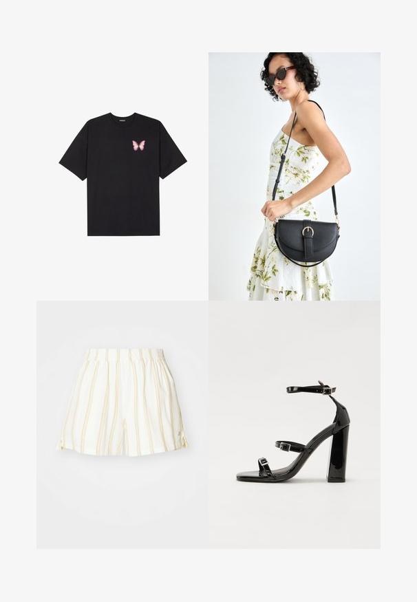 Črna bombažna majica s kratkimi rokavi, ki ima majhen roza metuljček na levi strani prsnega dela. Majica s krožnim ovratnikom in sproščenim krojem.; Beli kratki hlače s tankimi rumenimi vertikalnimi črtami, elastičnim pasom in stranskimi razporki. Narejene iz lahkega, zračnega materiala.; Črne lakirane sandale s peto, kvadratnim prstom, trakovi okrog gležnja in srebrnimi zaponkami. Opremljene so s stabilno Debelo peto.; Črna usnjena torbica s ukrivljeno obliko, z odstranljivo naramnico in zlatimi dodatki. Torbica ima pokrov s podrobnostmi v obliki zaponke.