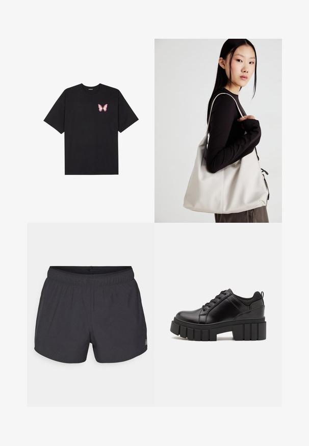 Must muströöpidega must puuvillane T-särk, vasakul rinnal on väike roosa liblikas. Ümar kaelus ja vabalt istuv lõige.; Mustad must sportlikud lühikesed püksid, mis on valmistatud hingavast kangast, elastse vöökohtaga, peene perforatsioonitekstuuriga ja väikese logo aktsendiga.; Must musta platvormsussid paksu plokkninal, ümmarguse varbaga ja traditsioonilise nööridega kinnitamisega. Sussid on sileda tekstuuriga ja minimaalsete detailidega.; Bež käekott pehme materjali, millel on lõtv disain, õmblustega detailid ja kaks õlarihma. Sobib igapäevaseks kasutamiseks.