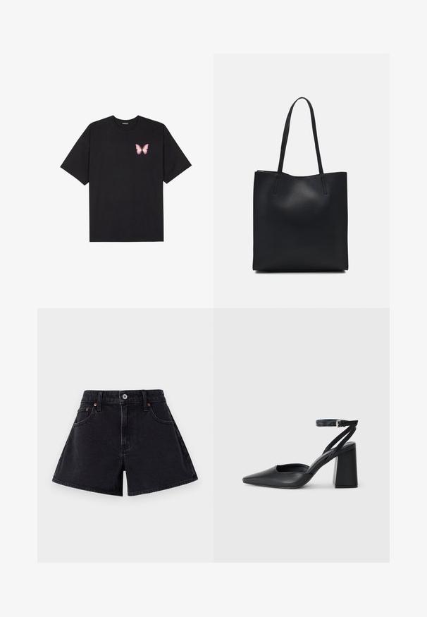 Musta puuvillapaita lyhyillä hihoilla, jossa on pieni vaaleanpunainen perhosgrafiikka vasemmassa rinnassa. Pyöreä kaula-aukko ja rento istuvuus.; Mustat farkkuhousut korkealla vyötäröllä, joissa on etunappikiinnitys, viisi taskua ja hieman levenevä muoto.; Mustat nahkakengät, joissa on kapea kärki, nilkkaremmi ja paksu korko. Tasainen pinta, tyylikäs muotoilu ja minimalistinen estetiikka.; Mustapahkainen kangaskassi, jossa on sileä pinta, suorakaiteen muotoinen ja kaksi pitkää kahvaa. Ei näkyvää metalliosaa tai koristeita.