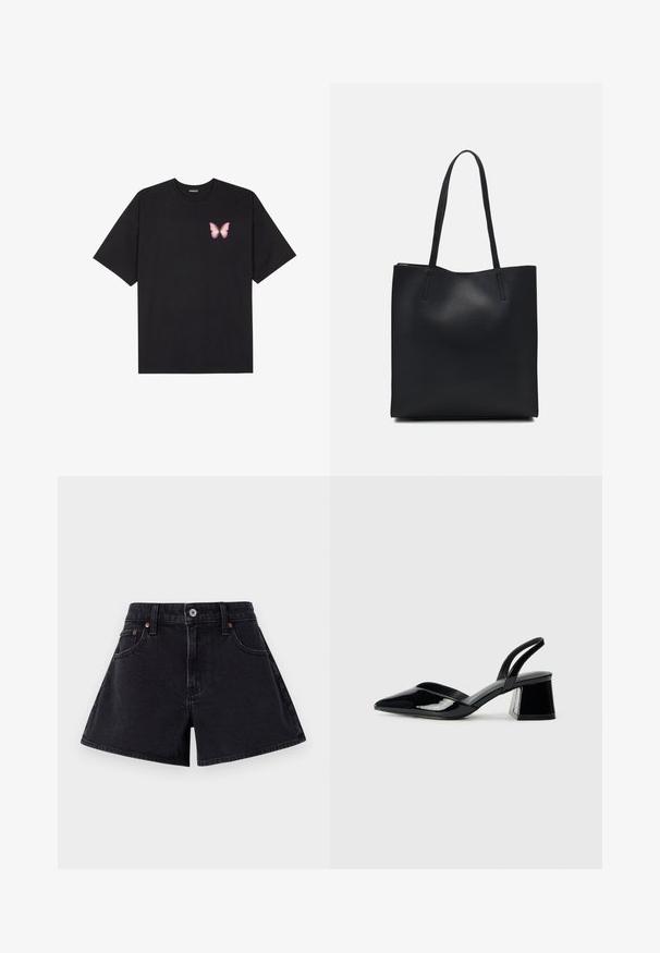 Zwarte katoenen t-shirt met korte mouwen, voorzien van een kleine roze vlinder graphic op de linkerkant van de borst. Crew neck ontwerp met een relaxte fit.; Zwarte denim shorts met een hoge taille, voorzien van een sluiting met een knoop aan de voorkant, een vijf-pocket ontwerp en een licht uitlopende vorm.; Zwarte gepatineerde leren slingback hakken met een spitse neus en een geometrische blokhak. Kenmerkt zich door een slank, minimalistisch ontwerp en een gladde textuur.; Zwarte leren handtas met een gladde textuur, rechthoekige vorm en twee lange handvaten. Geen zichtbare hardware of versieringen.