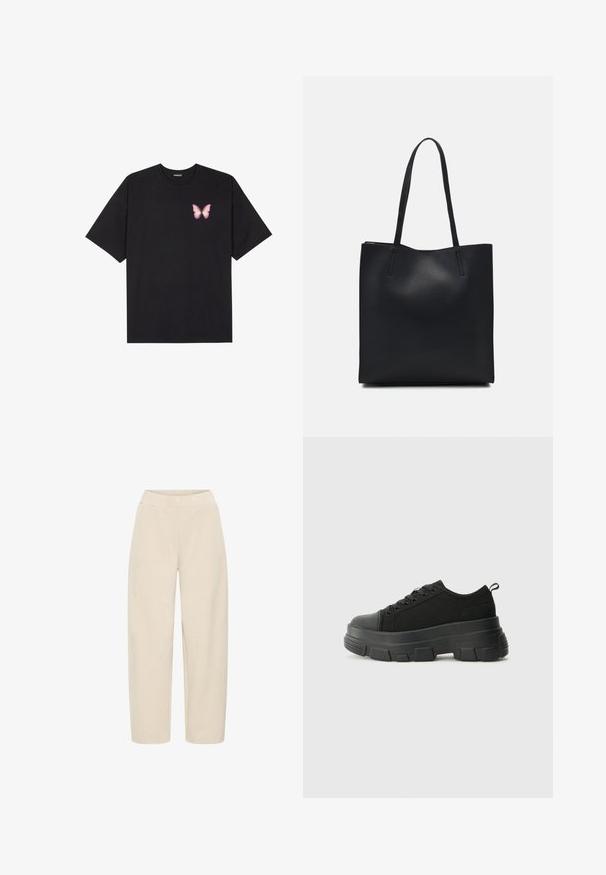 Schwarzes Baumwoll-T-Shirt mit kurzen Ärmeln, das ein kleines pinkes Schmetterlingsmotiv auf der linken Brust zeigt. Crewneck-Design mit einem entspannten Schnitt.; Beige weit geschnittene Hosen mit elastischem Bund. Hergestellt aus weichem, strukturiertem Stoff, mit glatter Oberfläche und ohne zusätzliche Muster.; Schwarze Sneakers mit einer dicken Gummisohle, strukturiertem Obermaterial, runder Zehenpartie und Schnürdesign. Verfügt über verstärkte Ösen und eine Schlaufe an der Rückseite.; Schwarze Laptoptasche aus Leder mit glatter Textur, rechteckiger Form und zwei langen Griffen. Keine sichtbaren Beschläge oder Verzierungen.