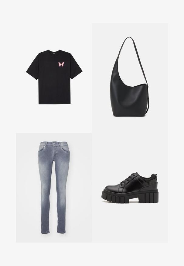 Crna pamučna majica s kratkim rukavima, s malim grafičkim prikazom ružičaste vjetricaste s desne strane na prsima. Dizajn s okruglim izrezom i opuštenim krojem.; Uske uskomani traperice u srednjem sivom pranju, napravljene od denima. Ima pet džepova, petlje za remen i izbleđeni efekt na bedrima i koljenima.; Crne kožne platforme s debelim blok-peta, okruglim prstima i klasičnim dizajnom vezanja. Imaju gladak tekstur i minimalne detalje.; Crna kožna hobo torba s glatkom teksturom, zakrivljenim oblikom i jednom podesivom trakicom; ima širok otvor na vrhu.