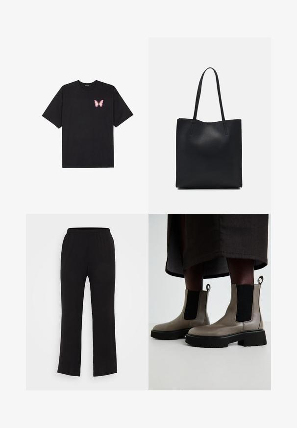 Černé bavlněné tričko s krátkým rukávem, na levém prsou s malou grafikou růžové motýlky. Design s kruhovým výstřihem a volným střihem.; Černé, lehké kalhoty s elastickým pasem a rovnými nohavicemi. Hladký povrch, žádné viditelné vzory ani detaily hardwaru.; Šedé kotníkové boty vyrobené z texturované kůže s elastickými bočními panely a masivní černou podrážkou. Obsahují poutka pro snadné obouvání.; Černá kožená taška přes rameno s hladkým povrchem, obdélníkovým tvarem a dvěma dlouhými uchy. Žádné viditelné kování ani ozdoby.
