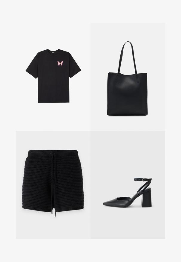Zwarte katoenen t-shirt met korte mouwen, voorzien van een kleine roze vlinder graphic op de linkerkant van de borst. Crew neck ontwerp met een relaxte fit.; Zwarte gebreide shorts met een gestructureerd patroon, elastische tailleband met trekkoord en ribgebreide details aan de onderrand en taille.; Zwarte leren puntige pump met een enkelbandje en een chunky hak. Vlakke textuur, strakke vormgeving en minimalistische esthetiek.; Zwarte leren handtas met een gladde textuur, rechthoekige vorm en twee lange handvaten. Geen zichtbare hardware of versieringen.