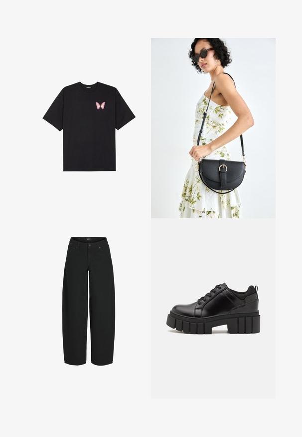 T-shirt de algodão preto com mangas curtas, apresentando um pequeno gráfico de borboleta rosa no lado esquerdo do peito. Design de gola redonda com um corte solto.; Calças de ganga largas pretas feitas de algodão, com uma cintura alta, bolsos frontais e fecho de botão. Design simples e versátil.; Sapatos de plataforma em couro preto com um salto bloco robusto, bico redondo e design clássico de atacadores. Apresentam uma textura suave e detalhes mínimos.; Bolsa de couro preta com forma curva, alça destacável e detalhes em dourado. A bolsa possui uma aba com detalhe de fivela.