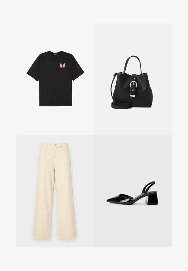 Fekete pamut póló rövid ujjakkal, bal mellkason egy kis rózsaszín pillangó grafikával. Kerek nyakú kialakítás, laza fazonnal.; Bézs, széles lábú farmernadrág, pamutból készült. Gombos záródással, övhurkokkal és elülső zsebekkel rendelkezik, sima, puha tapintással.; Fekete lakk bőr szandálkés magas sarkú cipő, hegyes orral és geometrikus tömbsarkakkal. Karcsú, minimalista dizájn és sima textúra jellemzi.; Fekete, sima bőrből készült vödör táska, amely strukturált formával, rövid fogantyúval és levehető vállpánttal rendelkezik. Ezüst csat részlet.