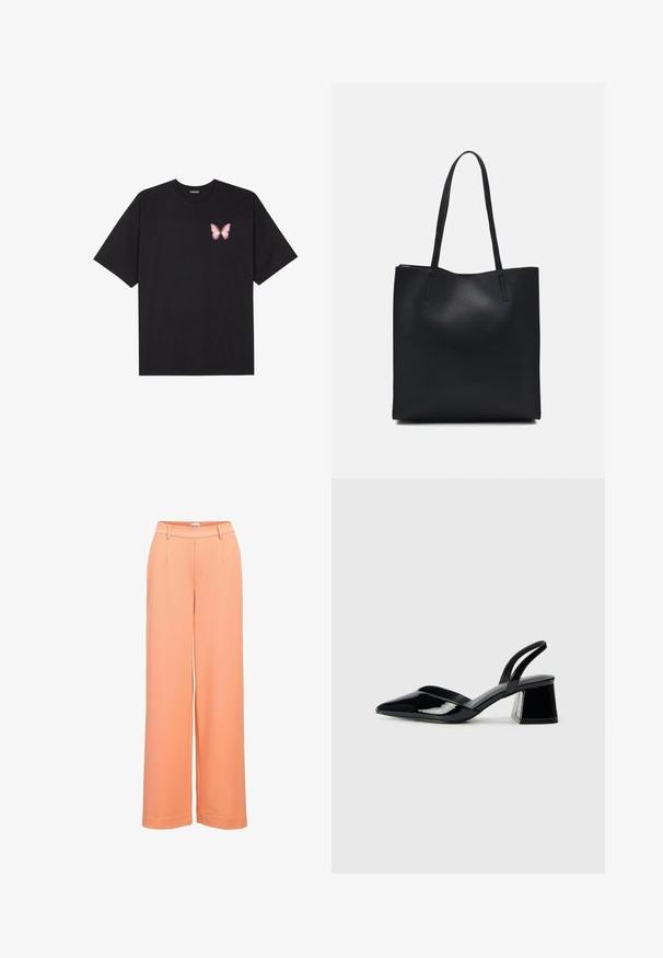 Svart bomulls T-skjorte med korte ermer, med en liten rosa sommerfugl grafikk på venstre bryst. Crew-neck design med en avslappet passform.; Bredde bukser i ferskenfarget stoff, med en glatt tekstur, flat front med legg og elastisk liv for komfort.; Svarte patentlær slingback hæler med spiss tå og geometrisk blokk hæl. Har et stilrent, minimalistisk design og jevn tekstur.; Svart lær tote bag med glatt tekstur, rektangulær form og to lange håndtak. Ingen synlige deler eller dekorasjoner.