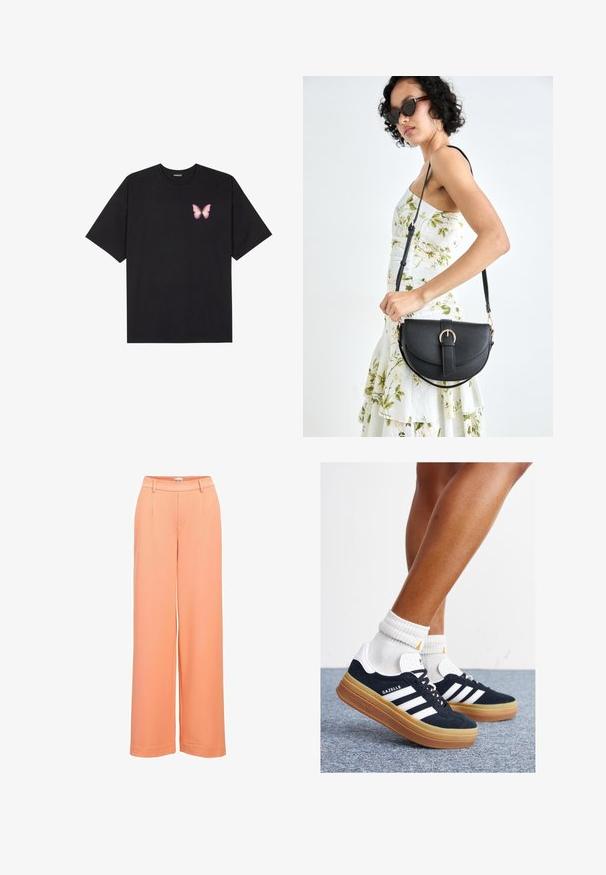Black cotton t-shirt with short sleeves, featuring a small pink butterfly graphic on the left chest. Crew neck design with a relaxed fit.; Wide-leg trousers in peach fabric, featuring a smooth texture, flat front with pleats, and an elastic waistband for comfort.; Black suede sneakers with white stripes and accents, rounded toe, gum rubber outsole, paired with white ribbed crew socks.; Black leather handbag with a curved shape, detachable strap, and gold hardware. The bag features a flap with a buckle detail.
