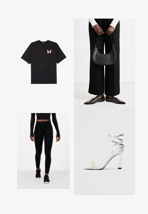 Crna pamučna majica s kratkim rukavima, s malim grafičkim prikazom ružičaste vjetricaste s desne strane na prsima. Dizajn s okruglim izrezom i opuštenim krojem.; Crne tajice s visokim strukom, teksturirana tkanina i uski kroj, uparene s crnim sportskim tenisicama. Gornji dio djelomično prekriven crop topom.; Srebrna sandala na visokoj potpetici s sjajnim dizajnom trake, s akcentom nalik biseru i spiralnom trakicom za gležanj radi sigurnog držanja.; Crna kožna torba preko ramena zaobljenog oblika, s sjajnom završnom obradom i srebrnim hardverom. Osoba nosi crne hlače širokog kroja i loaferice sa studovima.
