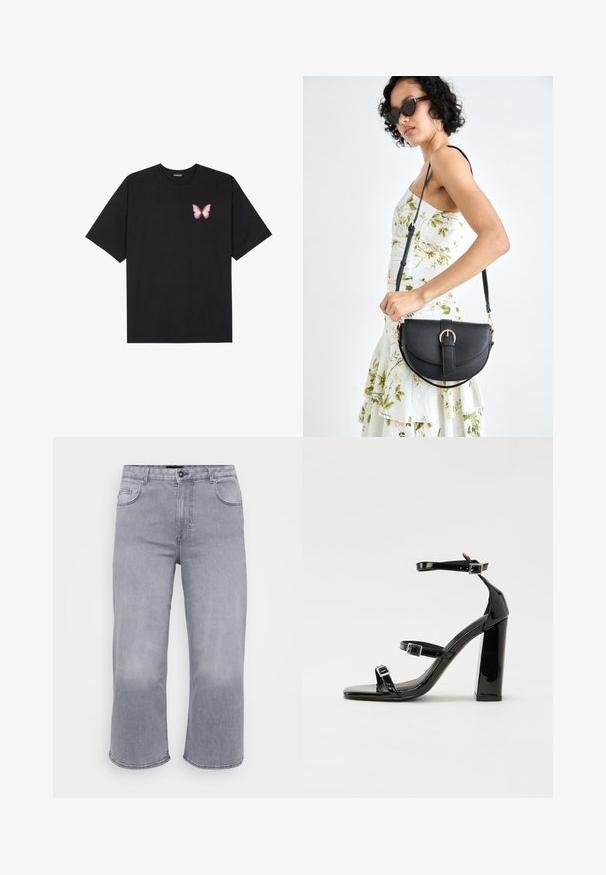 Black cotton t-shirt with short sleeves, featuring a small pink butterfly graphic on the left chest. Crew neck design with a relaxed fit.; Gray denim jeans with a cropped wide-leg design, five pockets, button closure, and subtle fading pattern along the fabric.; Black patent heeled sandals with a square toe, ankle straps, and silver buckles. Features a chunky block heel for stability.; Black leather handbag with a curved shape, detachable strap, and gold hardware. The bag features a flap with a buckle detail.