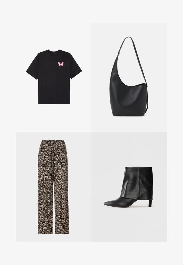 Μαύρο βαμβακερό μπλουζάκι με κοντά μανίκια, διαθέτοντας ένα μικρό ροζ γραφικό πεταλούδας στο αριστερό στήθος. Σχέδιο με στρογγυλή λαιμόκοψη και άνετη εφαρμογή.; Τα παντελόνια με σχέδιο λεοπάρ έχουν μαύρο και μπεζ μοτίβο, ελαστική ζώνη στη μέση και ευθεία εφαρμογή. Φτιαγμένα από μαλακό, ελαφρύ ύφασμα.; Μαύρη δερμάτινη μπότα μεσαίου μήκους με μυτερή μύτη, διπλωμένο επάνω κομμάτι και λεπτό χαμηλό τακούνι, τοποθετημένη σε άσπρο φόντο.; Μαύρη δερμάτινη tote τσάντα με λείο υφή, καμπύλο σχήμα και μία ρυθμιζόμενη ζώνη. Διαθέτει μεγάλη άνοιγμα στην κορυφή.