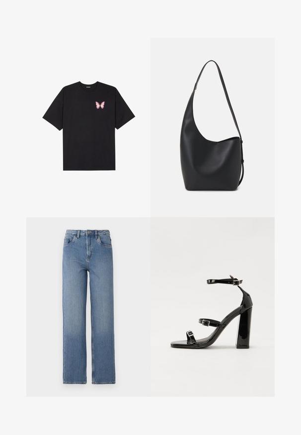 T-shirt nera in cotone con maniche corte, caratterizzata da una piccola grafica di una farfalla rosa sul lato sinistro del petto. Design a girocollo con una vestibilità rilassata.; Jeans in denim blu a vita alta con gamba dritta. Presentano il classico design a cinque tasche e una leggera scoloritura sulla parte anteriore.; Sandali con tacco in vernice nera, con punta squadrata, cinturini alla caviglia e fibbie in argento. Presentano un tacco a blocco spesso per maggiore stabilità.; Borsa hobo nera in pelle con una superficie liscia, forma curvata e una singola tracolla regolabile; presenta un'ampia apertura nella parte superiore.