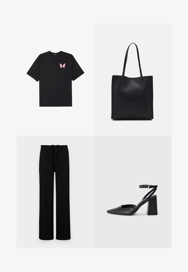 Must muströöpidega must puuvillane T-särk, vasakul rinnal on väike roosa liblikas. Ümar kaelus ja vabalt istuv lõige.; Mustriga mustad püksid lõdva lõikega, millel on elastne vöökohus ja nööriga sulgur, valmistatud pehmest kangast.; Mustmustest must-käigukingad, millel on konksuga nöör ja paks konts. Ühtlane tekstuur, stiilne disain ja minimalistlik esteetika.; Mustast nahast kott sujuva tekstuuriga, ristkülikukujuline ja kahe pika sangaga. Pole nähtavat riistvara ega kaunistusi.