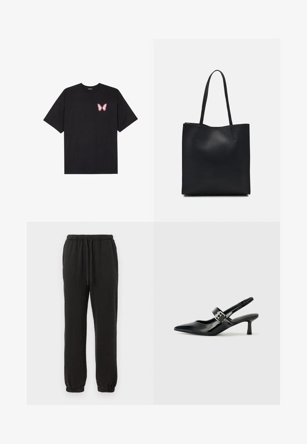 Črna bombažna majica s kratkimi rokavi, ki ima majhen roza metuljček na levi strani prsnega dela. Majica s krožnim ovratnikom in sproščenim krojem.; Črne trenirke z elastičnim pasom in vrvico. Manšete na gležnju. Narejene iz mehkega jersey materiala z gladko teksturo.; Črne patent usnjene slingback pete s koničastim nosom in majhnim blok peto, ki vključujejo srebrno zaponko na traku.; Črna usnjena torba s svilnato teksturo, pravokotne oblike in dvema dolgima ročajema. Brez vidnih metalnih delov ali okrasnih elementov.