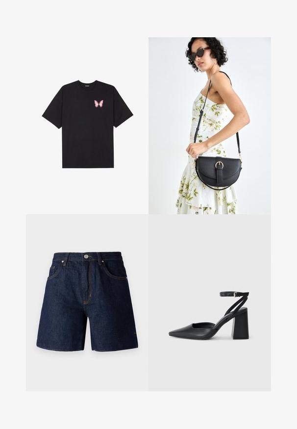 Svart bomullströja med korta ärmar, med en liten rosa fjärilsgrafik på vänster bröst. Rundad halsdesign med en avslappnad passform.; Jeansshorts i mörkblått med kontrasterande orange sömmar. Har fem fickor, knäppning med knapp och en rak ben-design.; Svart läderpumps med spetsig tå, ankelrem och kraftig klack. Slät textur, stilren design och minimalistisk estetik.; Svart läderhandväska med en böjd form, avtagbar rem och guldiga detaljer. Väskan har ett lock med en spänndetalj.