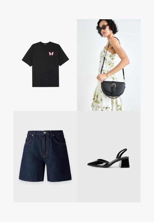 Črna bombažna majica s kratkimi rokavi, ki ima majhen roza metuljček na levi strani prsnega dela. Majica s krožnim ovratnikom in sproščenim krojem.; Jeans kratke hlače v temno modri barvi z kontrastnim oranžnim šivanjem. Imajo pet žepov, gumbasto zapiranje in raven kroj.; Črne lakirane slingback pete s koničastim nosom in geometrijsko blokasto peto. Imajo eleganten, minimalističen dizajn in gladko teksturo.; Črna usnjena torbica s ukrivljeno obliko, z odstranljivo naramnico in zlatimi dodatki. Torbica ima pokrov s podrobnostmi v obliki zaponke.